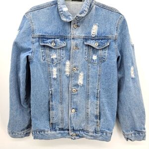 Distressed light wash denim jacket women's size large